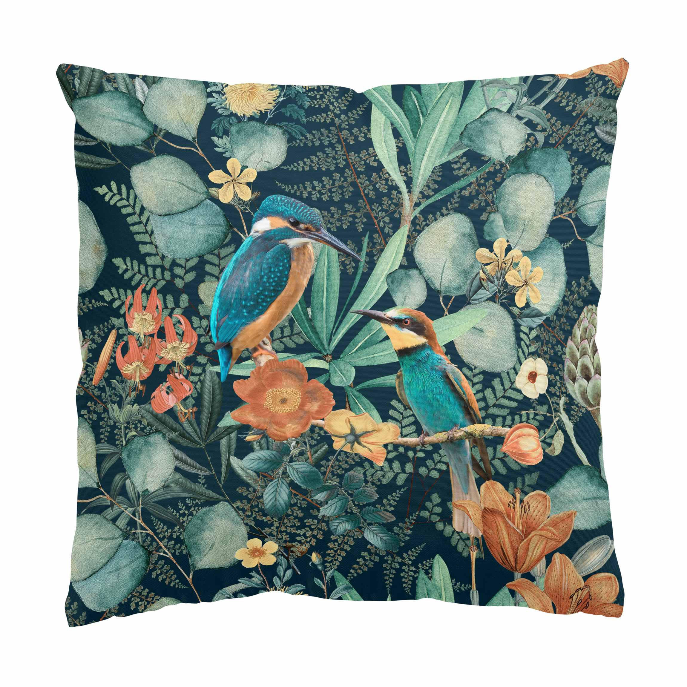 DEKOKISSEN Blumenparadies Eisvogel und Kolibri 40/40 cm - Grün, Textil (40/40/10cm) - Bilderwelten