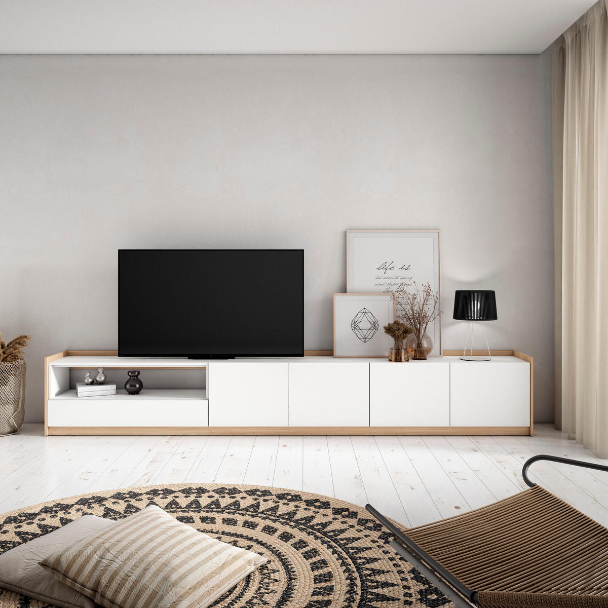 TV-SCHRANK, Lowboard, Weiß und Eiche Soft, 310/37/50cm - Weiß, Holzwerkstoff (310/50/37cm) - Skraut Home