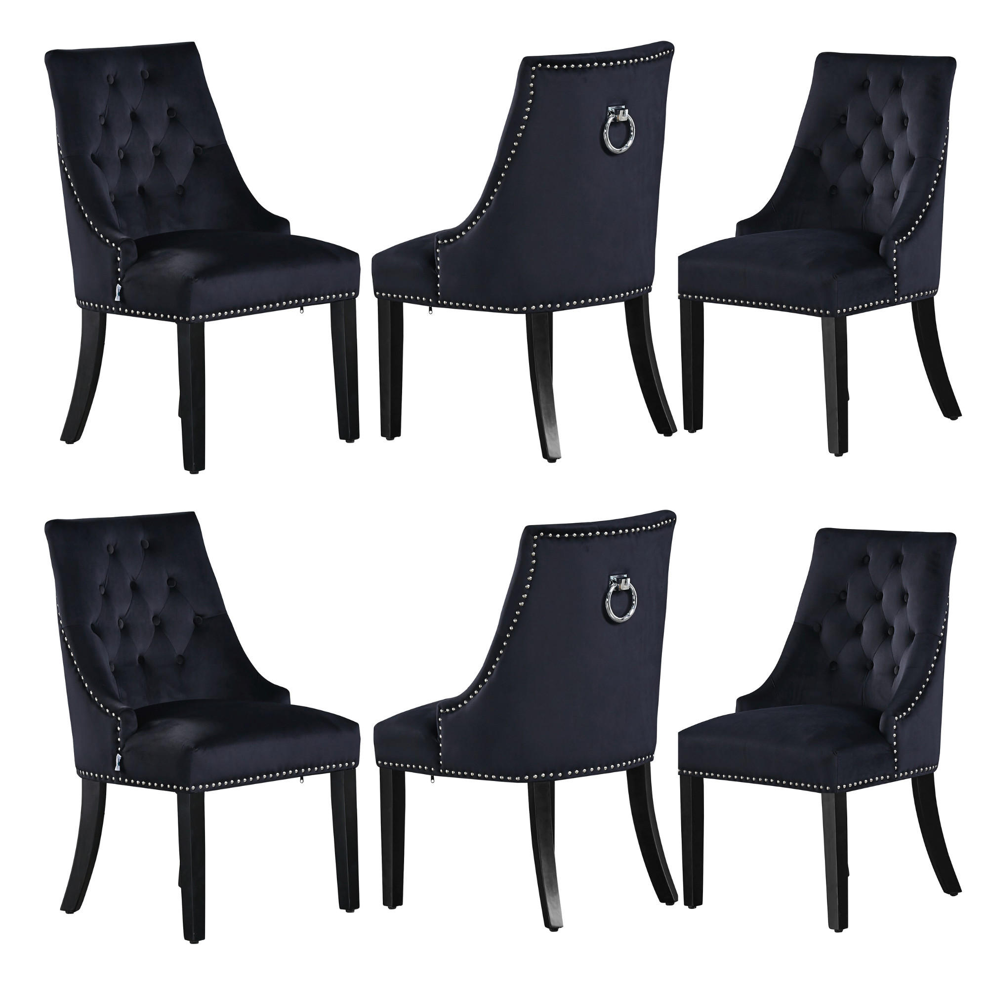STUHL 6er-Set Samtschwarz - Schwarz, Holz (56/94/45cm) - Life Interiors