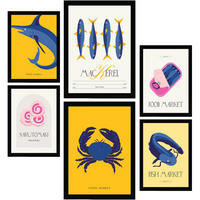 POSTER Set Mit 6 Lebensmittel Und Ernährungs Meeresprodukte Natur Und Botanikdrucke Für Innenarchitektur A3 & A4 Schwarzer Rahmen - Schwarz, Papier (29/3cm) - Nacnic