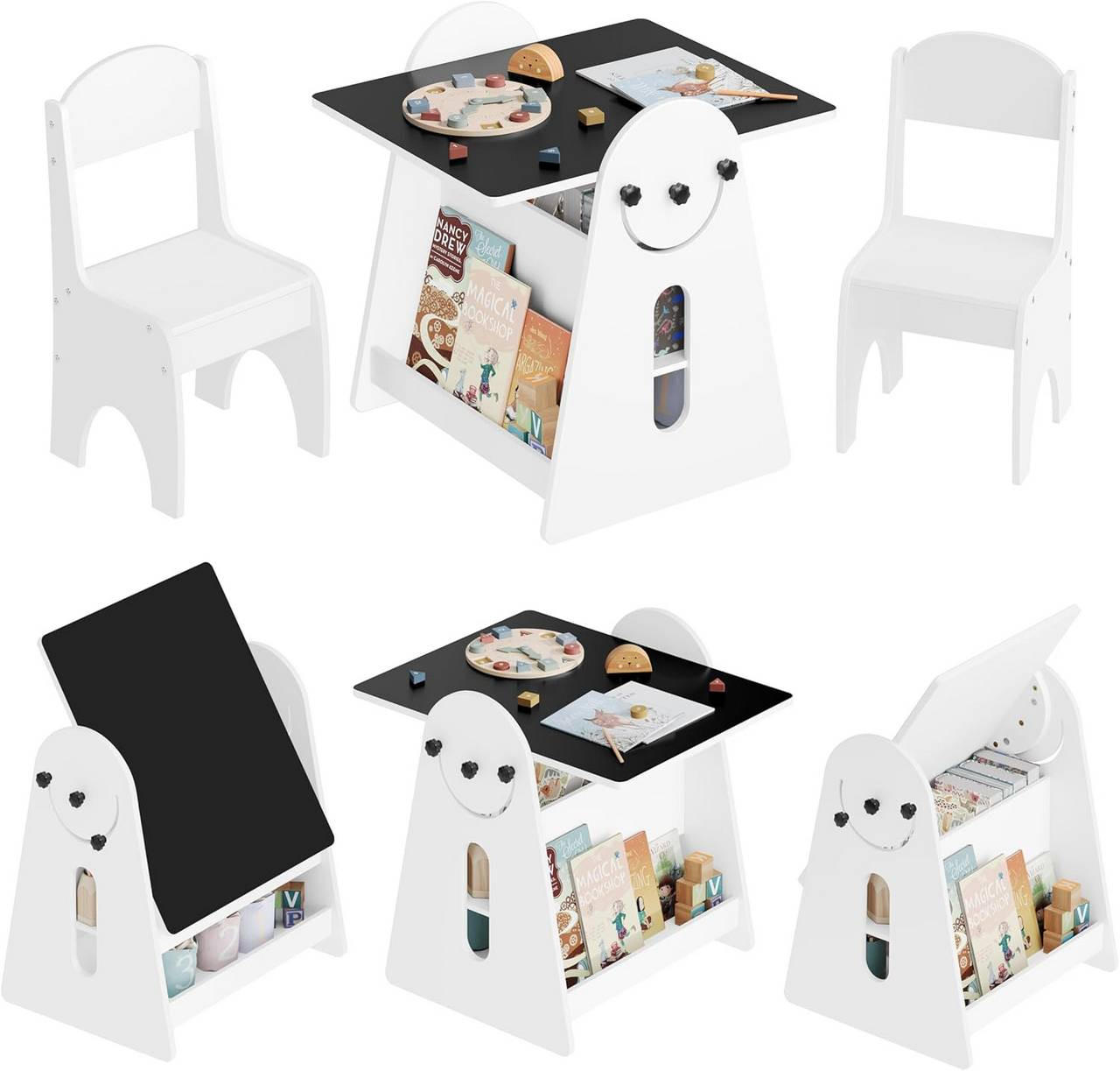 KINDERTISCH mit 2 Stühlen, Stauraum Tafel, Maltisch, Weiß - Weiß, Holzwerkstoff (60/60/57.5cm) - Woltu
