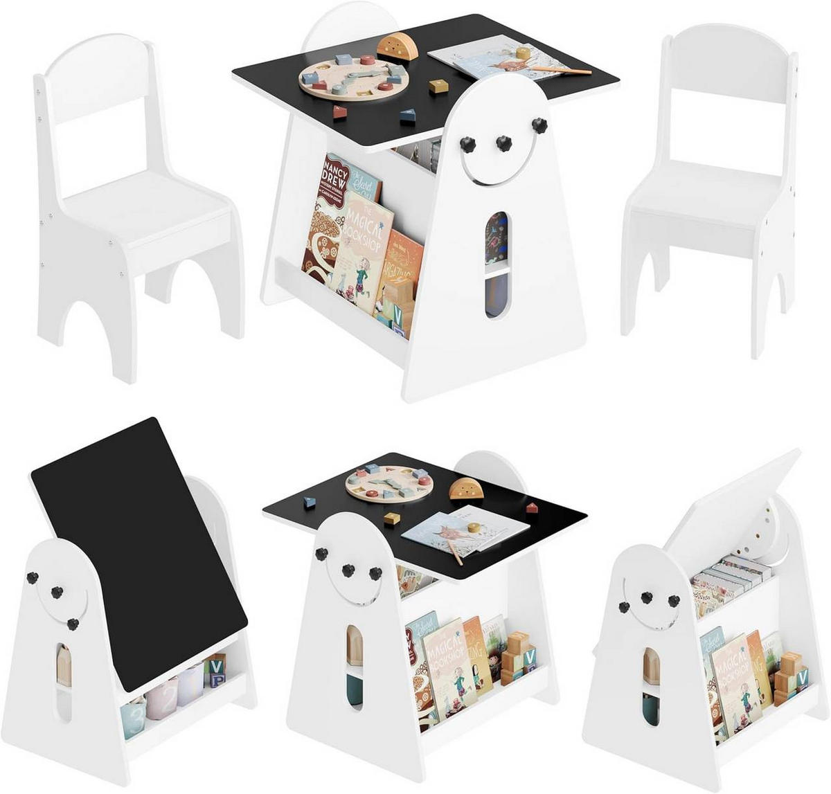 KINDERTISCH mit 2 Stühlen, Stauraum Tafel, Maltisch, Weiß - Weiß, Holzwerkstoff (60/60/57.5cm) - Woltu