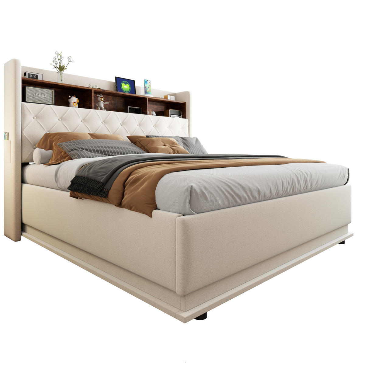 POLSTERBETT 180/200 cm Beige mit USB-Ladeanschluss und hydraulischem Stauraum - Beige, Textil (180/200cm) - OKWISH