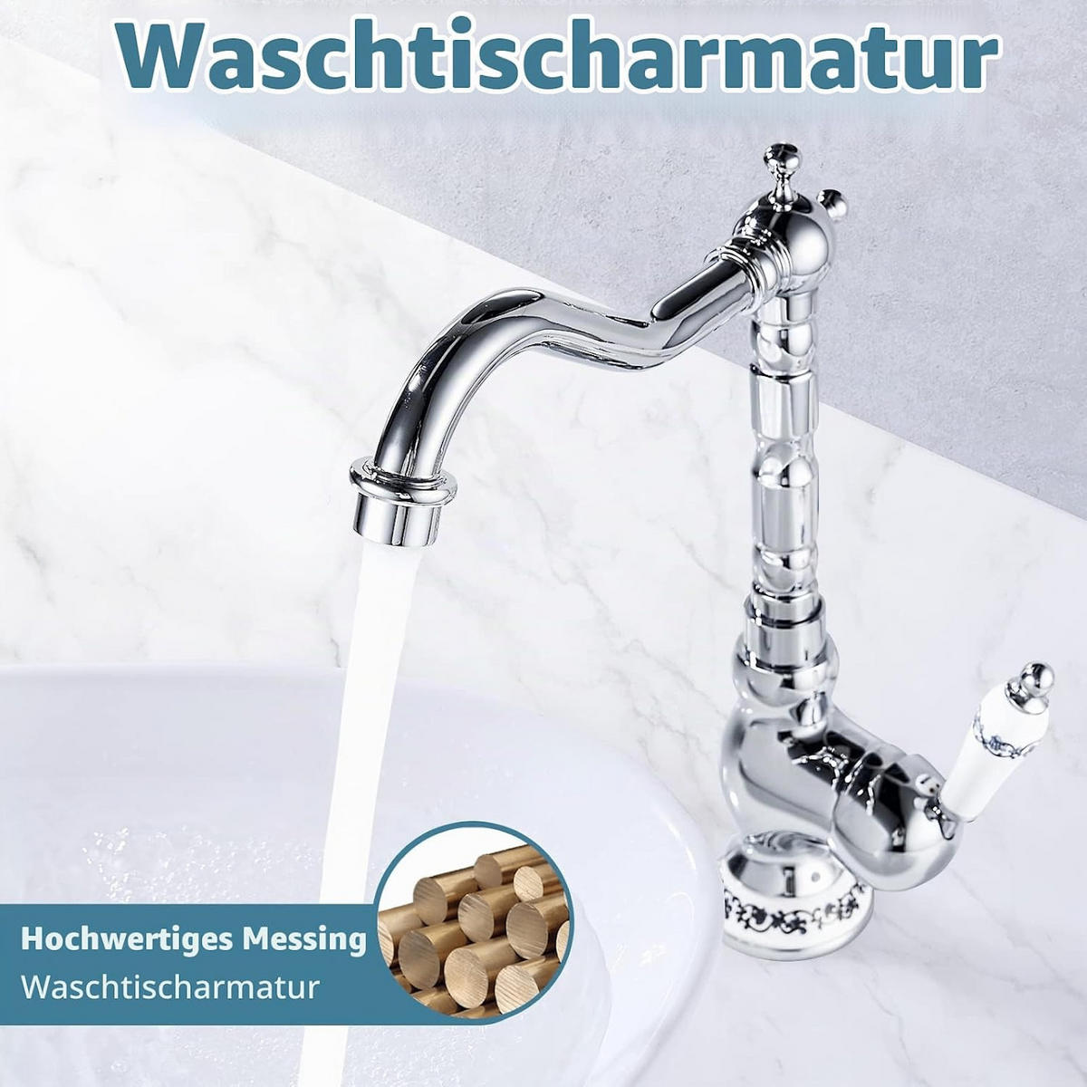 BADEZIMMERARMATUR, blau-weißes Kürbisdesign, mit Zulaufrohr, 31cm hoch, silberfarben. - Silberfarben, Metall (33/15/17cm) - Vallsero