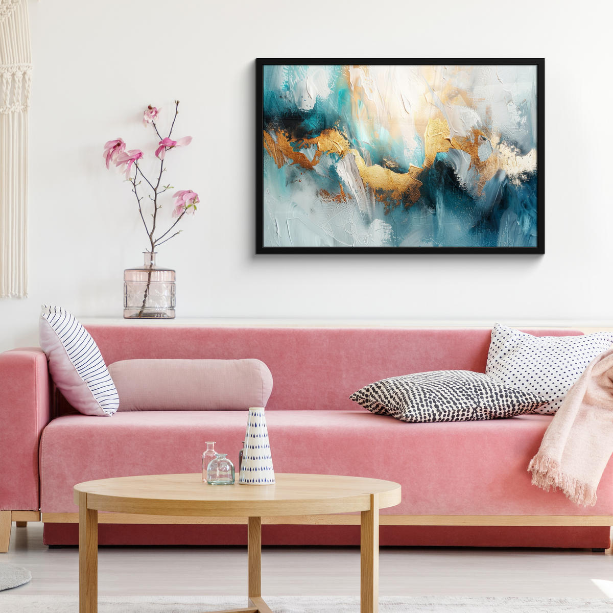 ZARÁMOVANÝ PLAGÁT Abstraktné - umenie - zlaté - modré 90x60 cm - petrolejová, papier (90/60cm) - MuchoWow
