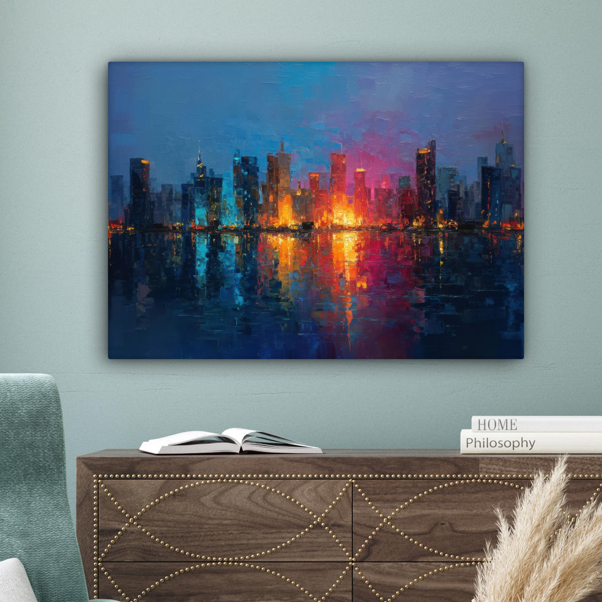 LEINWANDBILD Skyline - Pinselstriche - Dunkelblau - Leuchtend Wandbilder 80x60 cm - Blau, Textil (80/60cm) - MuchoWow
