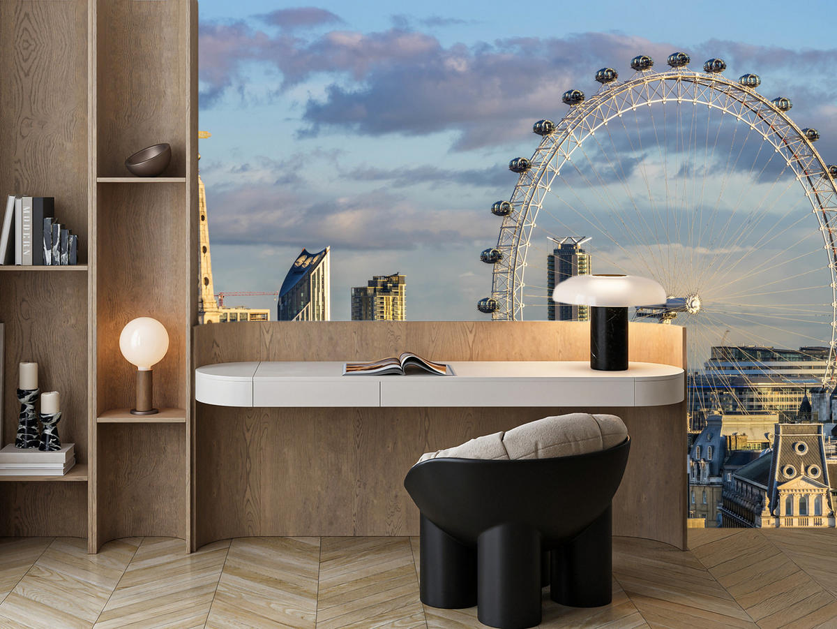 FOTOTAPETE für Schlafzimmer London Eye Skyline Wolkenkratzer Stadt 400x280 - Blau/Beige, Papier (400/280cm) - Muralo