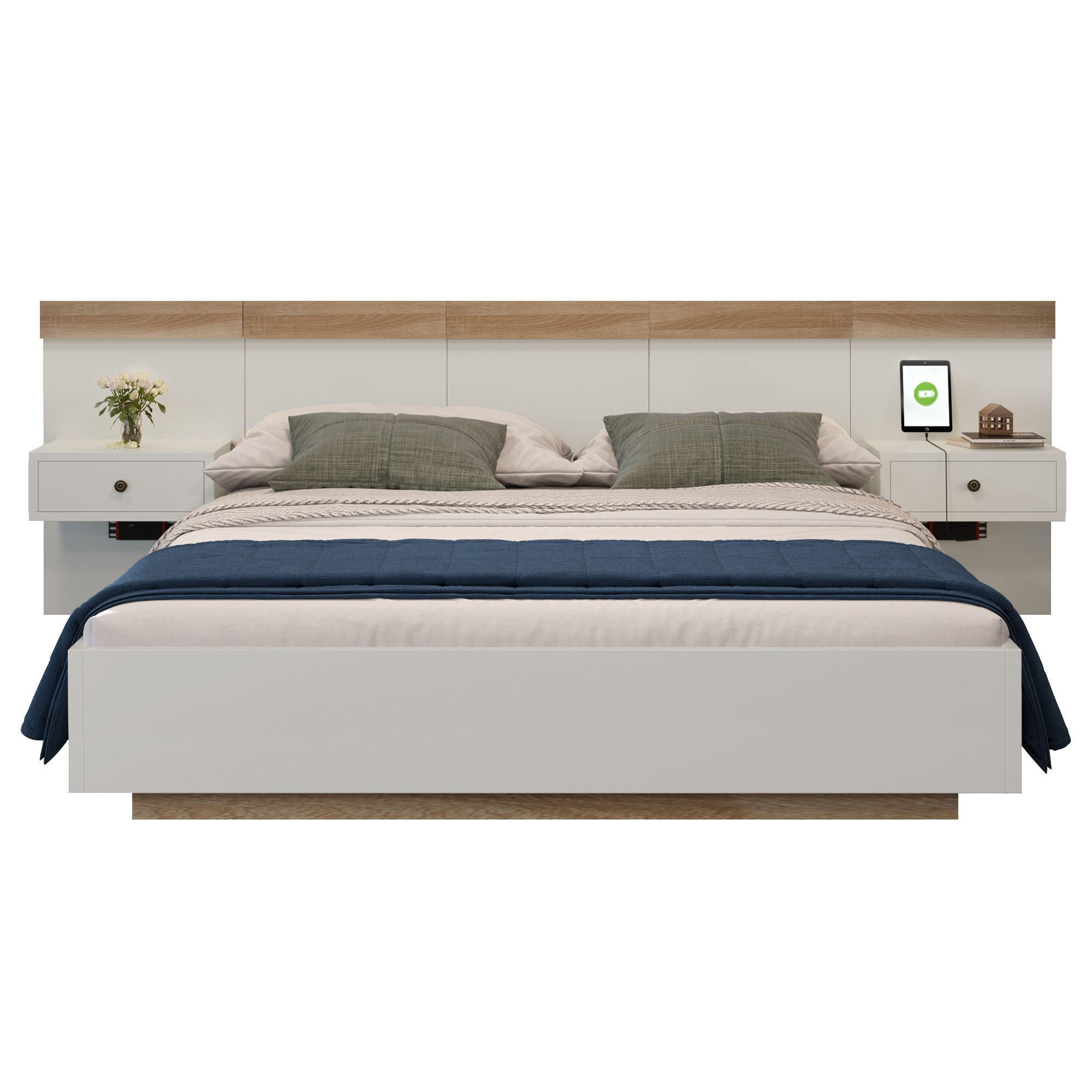 DOPPELBETT-SET 140/200 cm mit 2 LED-Nachttischen, USB-C und Bettbank mit hydraulischem Stauraum, Beige/Weiß/Sonoma-Eiche - Weiß, Textil (140/200cm) - Redom