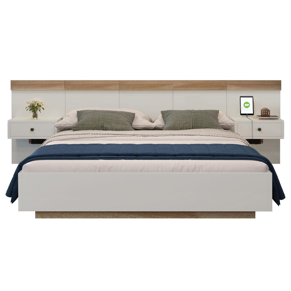 DOPPELBETT 140/200 cm Weiß aus Holz Cord mit LED-Nachttischen USB-C Stauraumbank - Weiß, Textil (140/200cm) - OKWISH