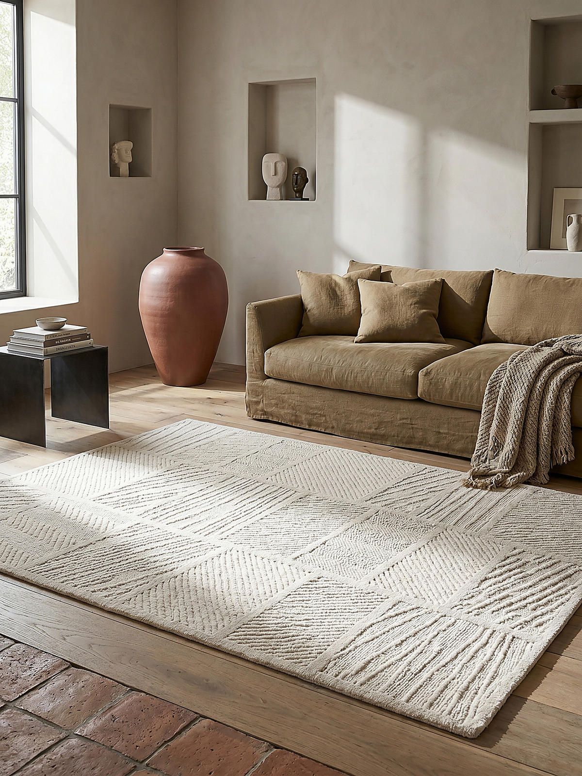 WOLLTEPPICH CARVE, geometrisch, Weiß, 140 x 200 cm - Beige, Textil (140/200cm) - KADIMA DESIGN