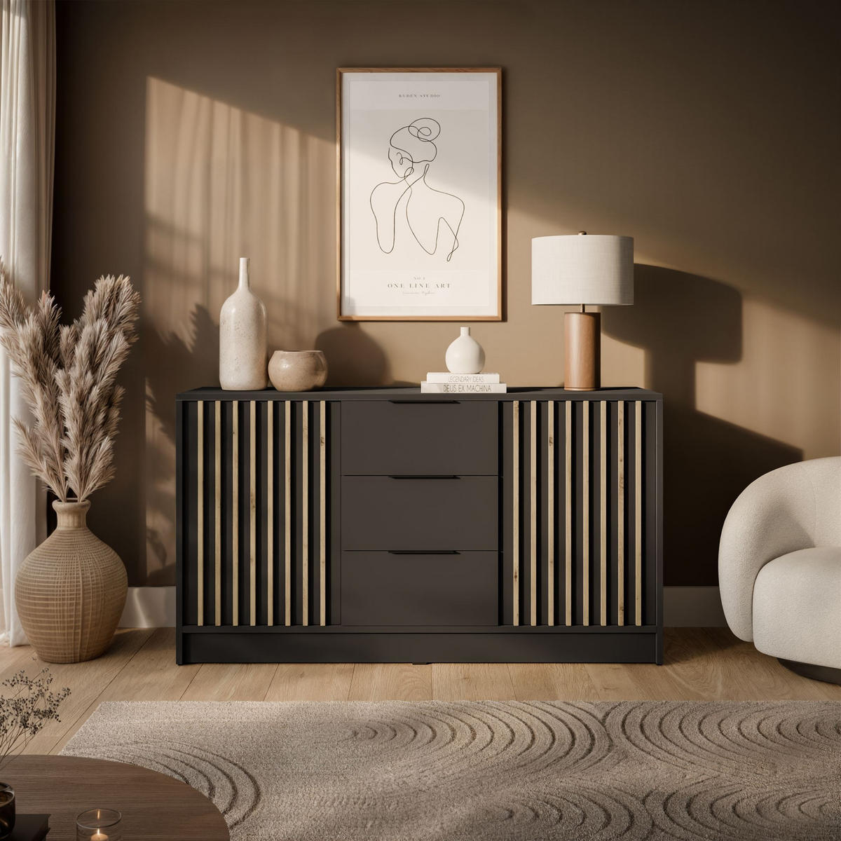 KOMMODE NELA, zweitürig mit Lamellen, Graphit/Artisan - Graphitfarben, Holzwerkstoff (155/86/45cm) - Lookway