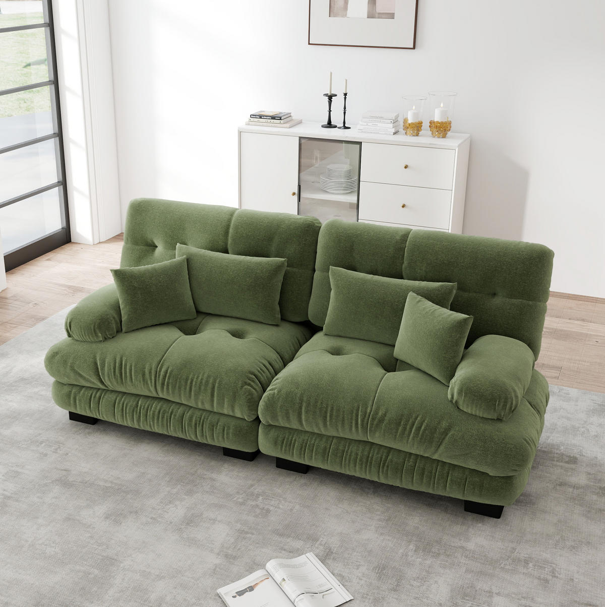 SOFA modular Chenille Green mit 2 Lendenkissen und 2 Dekokissen - Grün, Kunststoff (77/81/220cm) - Meubliv