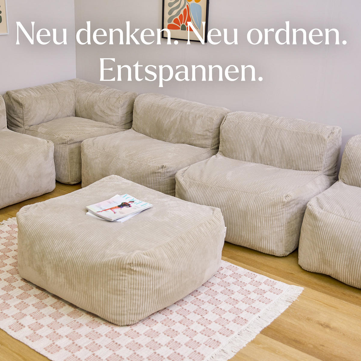 SITZSACK-SOFA 6-tlg. ZEN: 2 Ecksessel, 3 Sessel, Fußstütze - Beige, Textil (500/68/100cm) - icon
