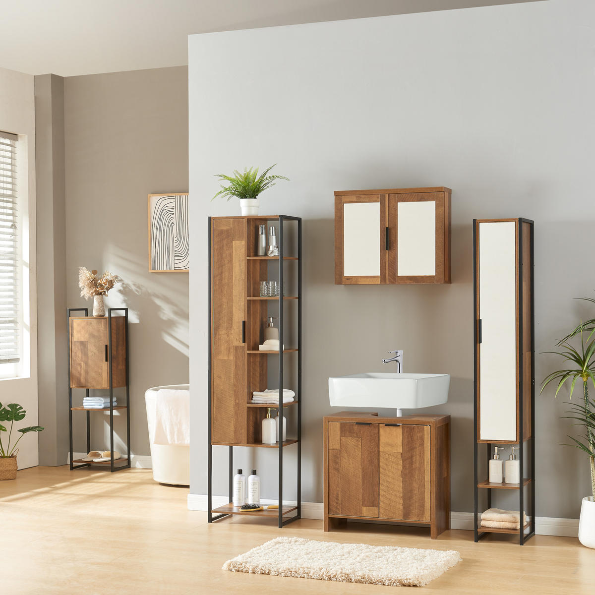 HOCHSCHRANK Namsskogan - Walnussfarben/Schwarz, Holzwerkstoff/Metall (42.5/165/30cm) - [en.casa]