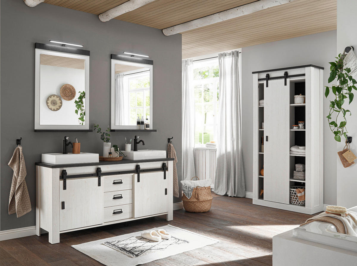 HOCHSCHRANK weiß Pinie, anthrazit Landhaus, Badschrank mit viel Stauraum - Anthrazit/Weiß, Holzwerkstoff/Metall (93/201/38cm) - Furn.Design