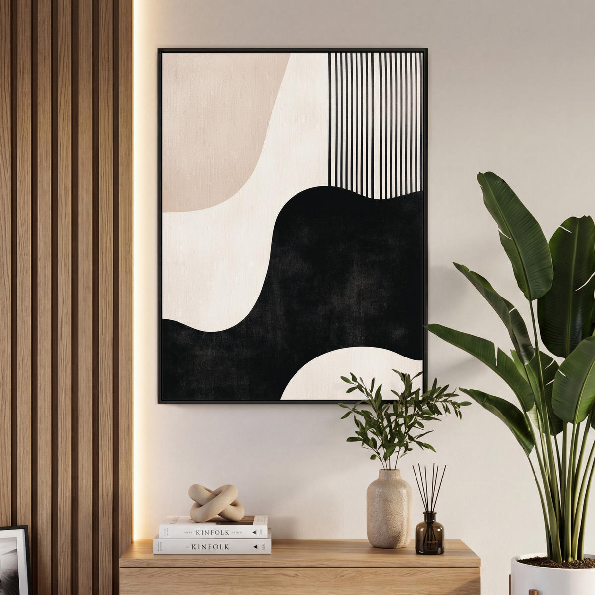 LEINWAND Bilder mit Rahmen - Abstrakt - Japandi - Beige - Modern - 70x100 - Schwarz, Textil (70/100cm) - MuchoWow