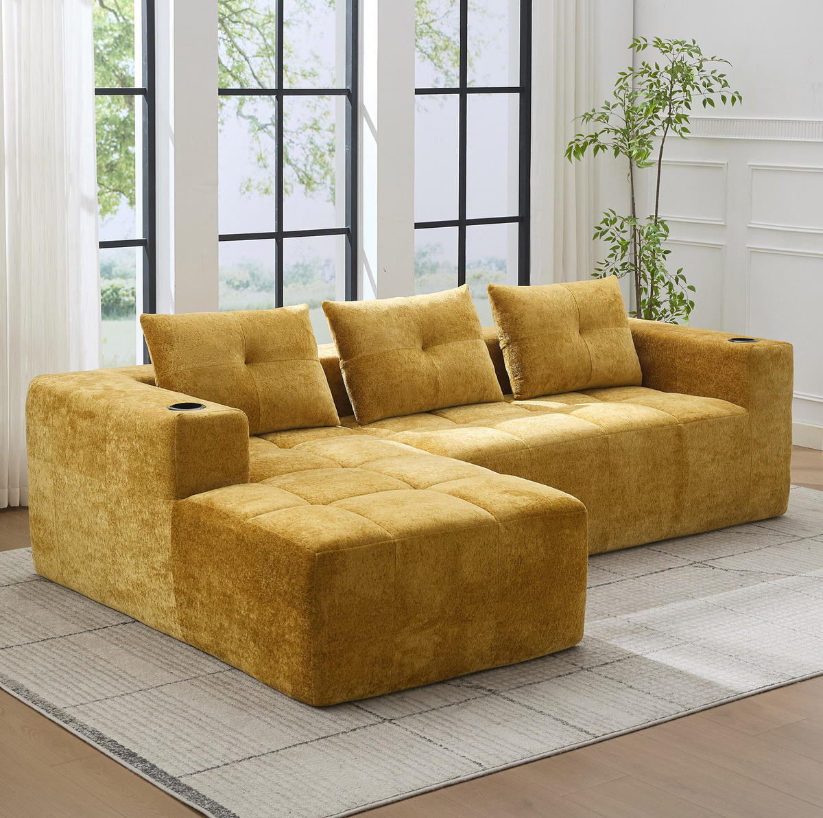 ECKSOFA 258 cm Gelb aus Chenille mit Becherhaltern - Gelb, Textil (163/258cm) - OKMYHOME