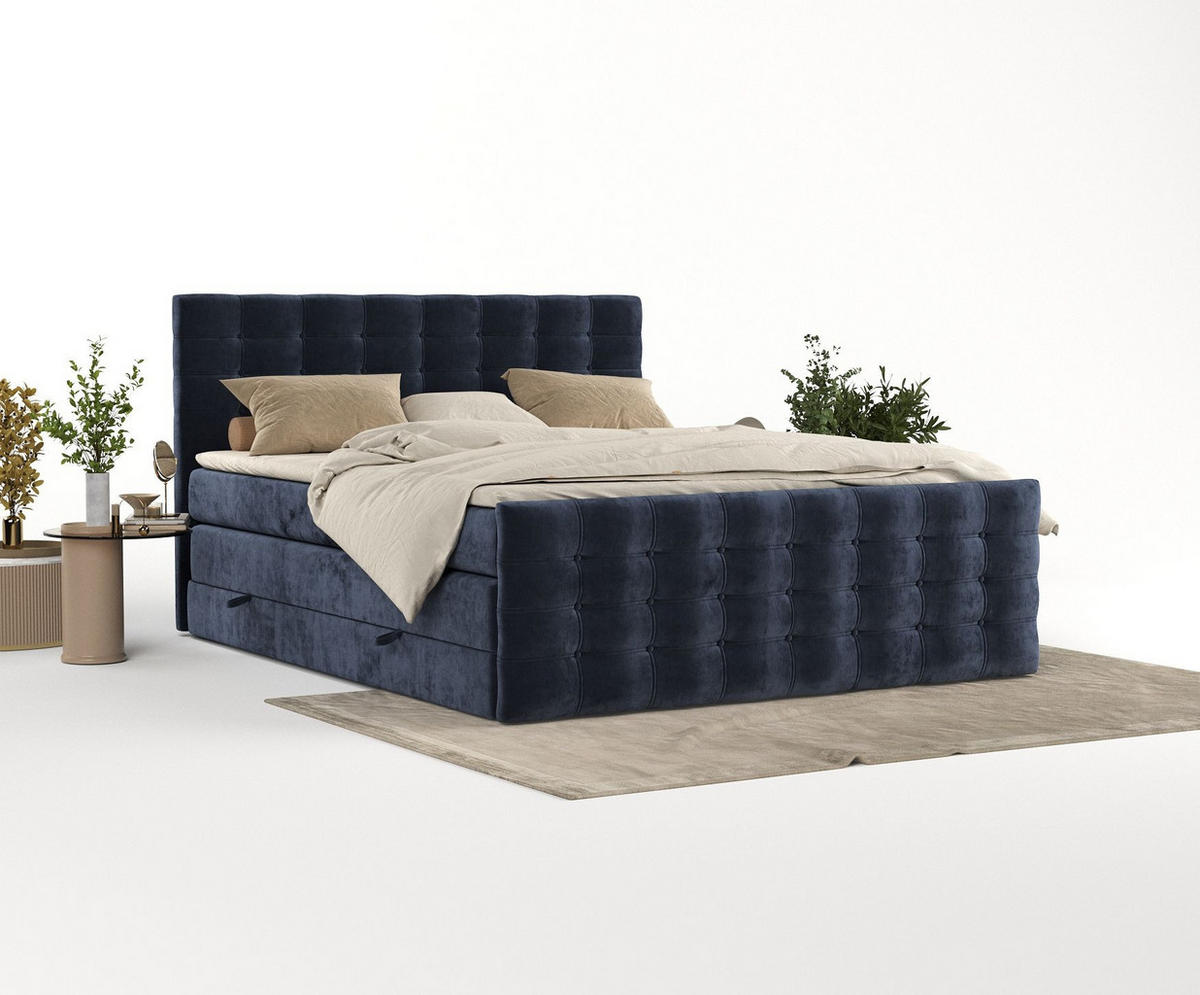BOXSPRINGBETT Blend Marineblau 180/200 cm mit Matratze und Topper - Schwarz/Dunkelblau, Holz/Holzwerkstoff (180/200cm) - Maison de Reve