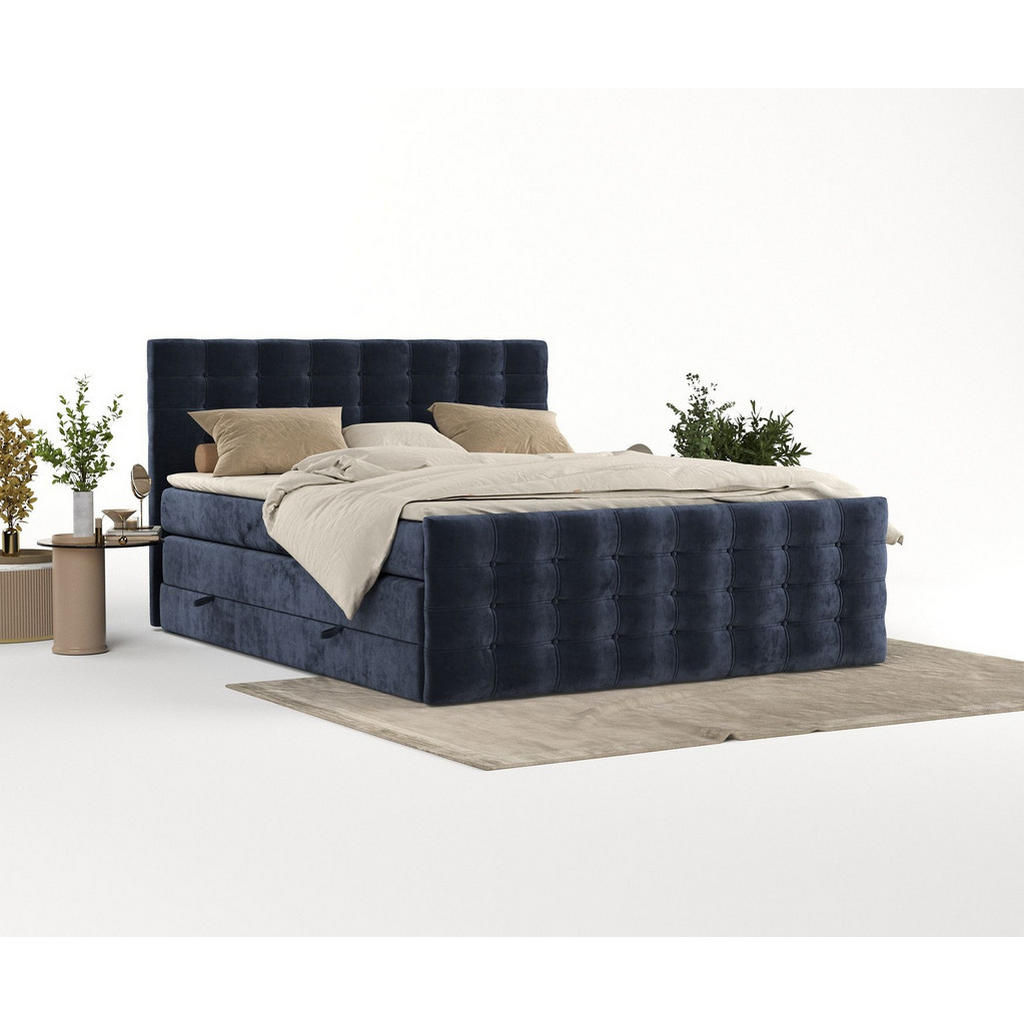 Thumbnail - Maison de Reve Boxspringbett, Dunkelblau, Textil, Buche, Kiefer, H2, Höhe ca. 40 cm, 180x200 cm, Oeko-Tex® Standard 100,...