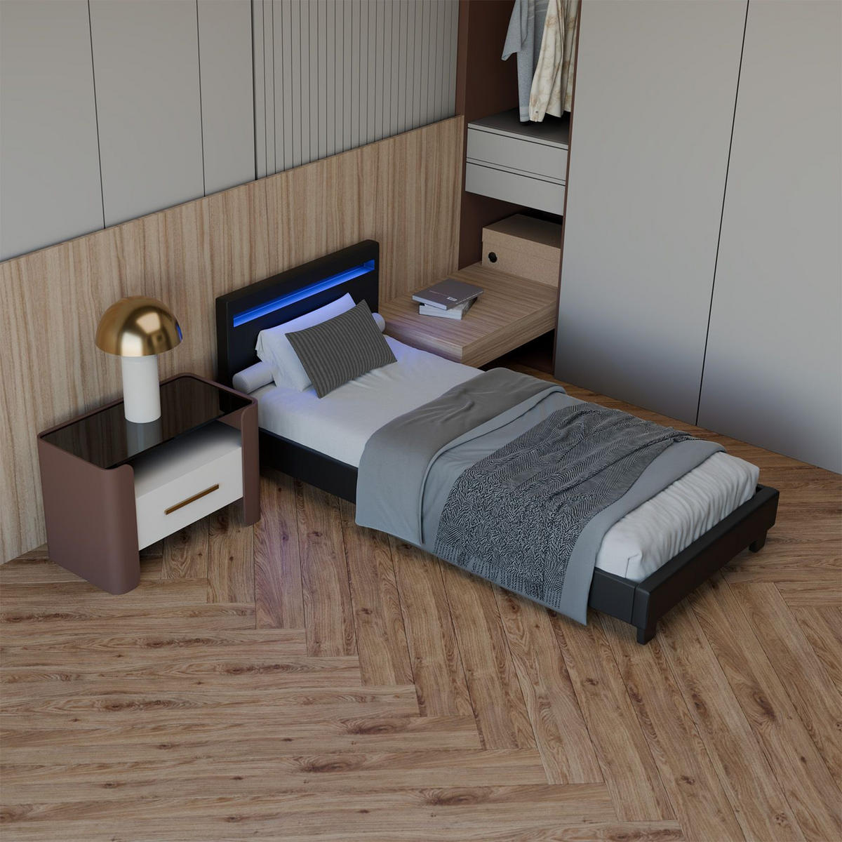 POLSTERBETT Paris mit LED schwarz 90x200cm - Schwarz, Holz (90/200cm) - Juskys