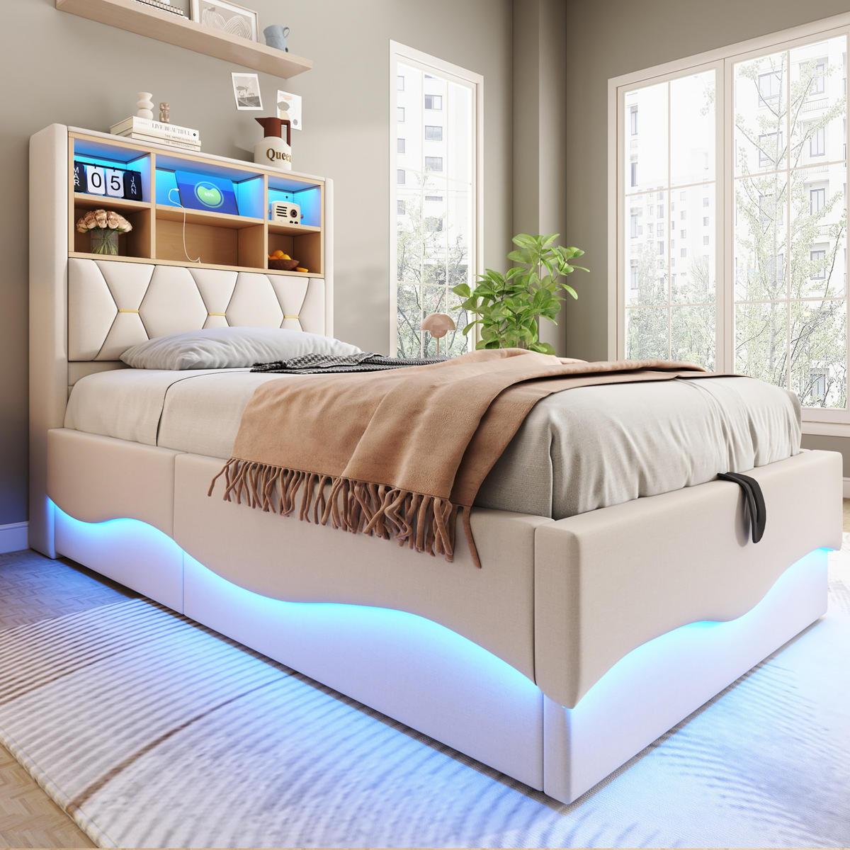 KINDERBETT 90/200 cm mit Stauraum, LED-Beleuchtung und USB in Beige - Beige, Metall (90/200cm) - BEAOK