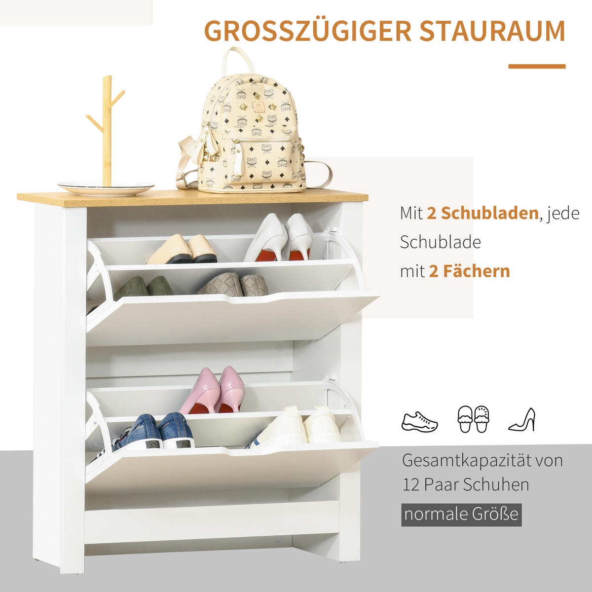 SCHUHSCHRANK Schuhregal mit Schublade Schuhständer für 12 Paar Schuhe Weiß+Natur - Weiß, Holzwerkstoff/Kunststoff (26/80/72cm) - HOMCOM