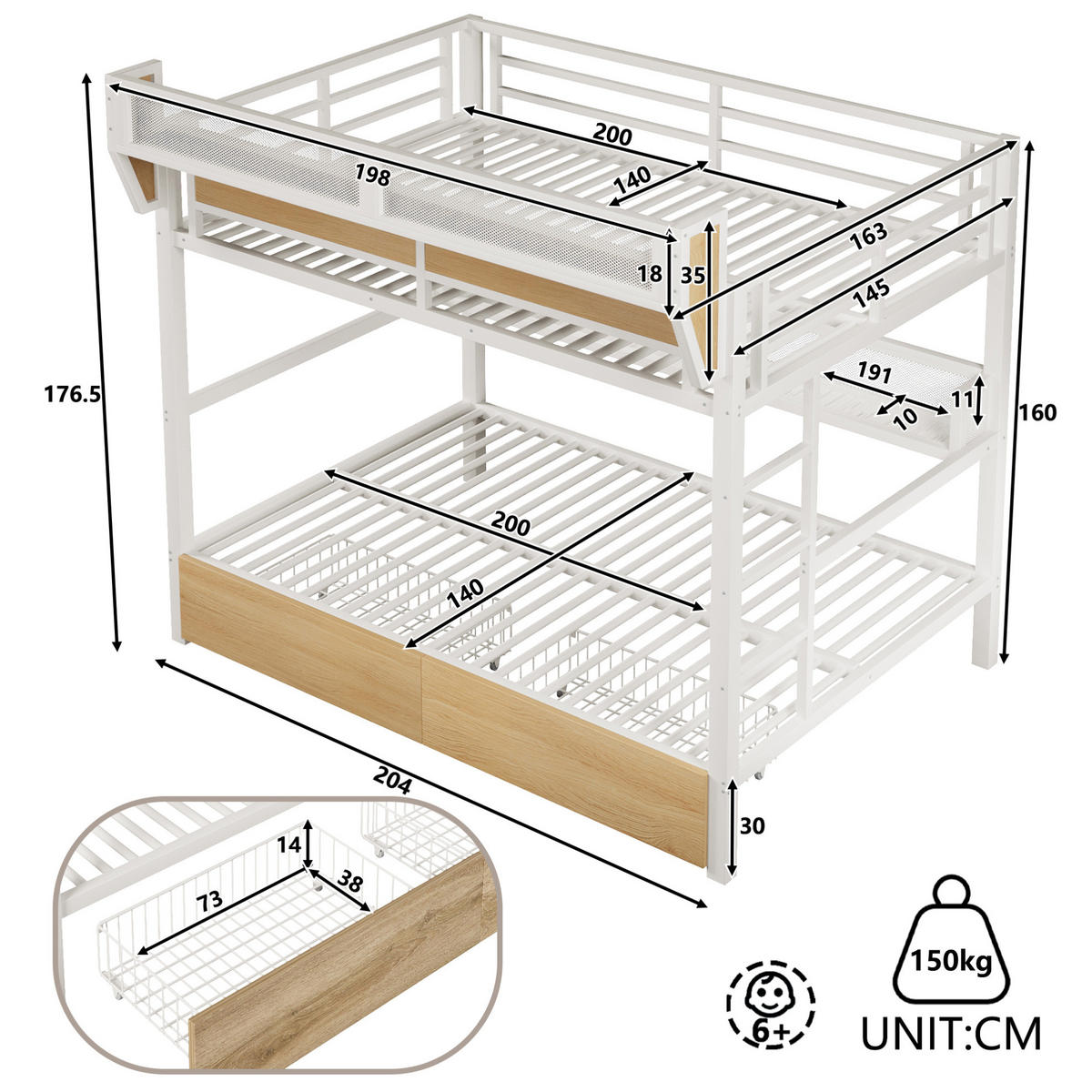 HOCHBETT aus Metall und MDF 140x200 cm Weiß mit Stauraum, Schubladen und LED-Beleuchtung - Weiß, Holzwerkstoff (140/200cm) - Modfu