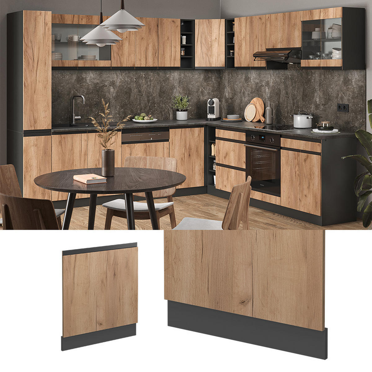 FRONTBLENDE R-Line Goldkraft Eiche 59.6 cm J-Shape, ohne AP - Honigeiche/Anthrazit, Holzwerkstoff (59.6/57.2/1.6cm) - Vicco