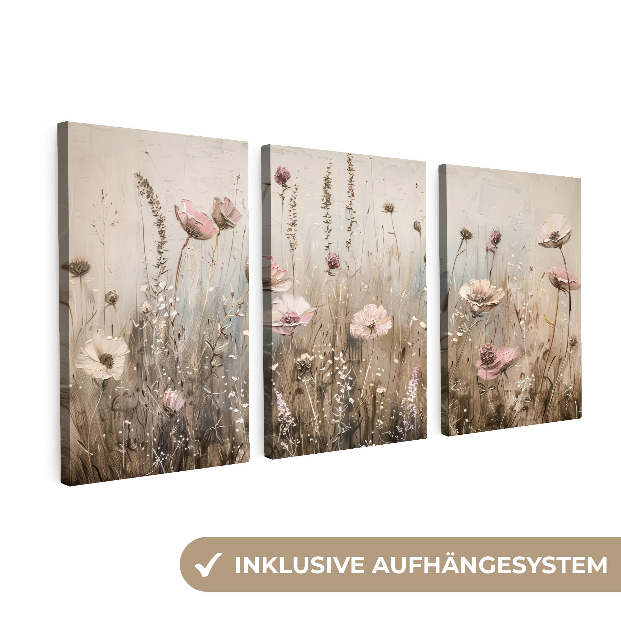 LEINWANDBILD 3er Set Blumen - Beige - Modern - Rosa 240x120 cm - Ecru, Textil (240/120cm) - MuchoWow