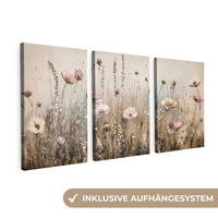 LEINWANDBILD - 3er Set - Blumen - Beige - Modern - Rosa - 120x60 - Ecru, Textil (120/60cm) - MuchoWow