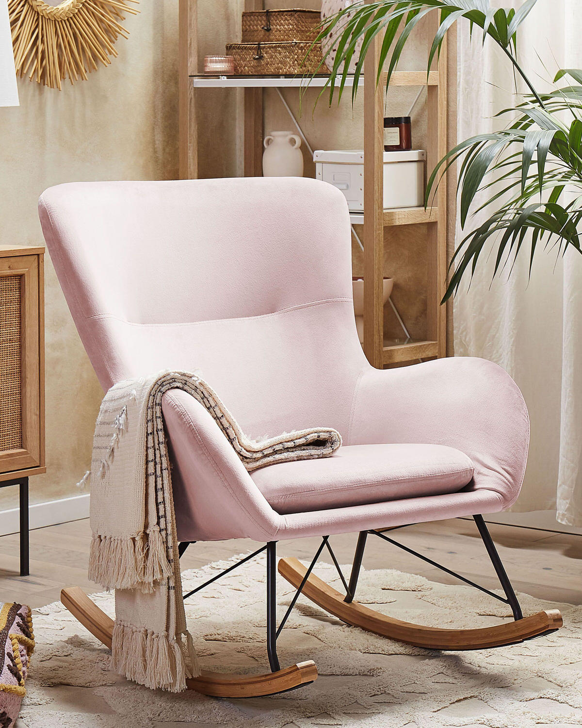 SCHAUKELSESSEL Samtstoff Rosa Ellan - Hellbraun/Pink, Textil (71/97/90cm) - Beliani