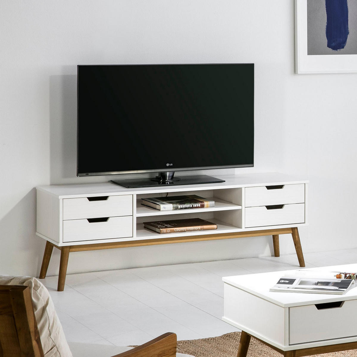 TV-ELEMENT Baku 1 Tür 2 Schubladen Weiß - Weiß, Holz (140/52/40cm) - VS Venta-stock
