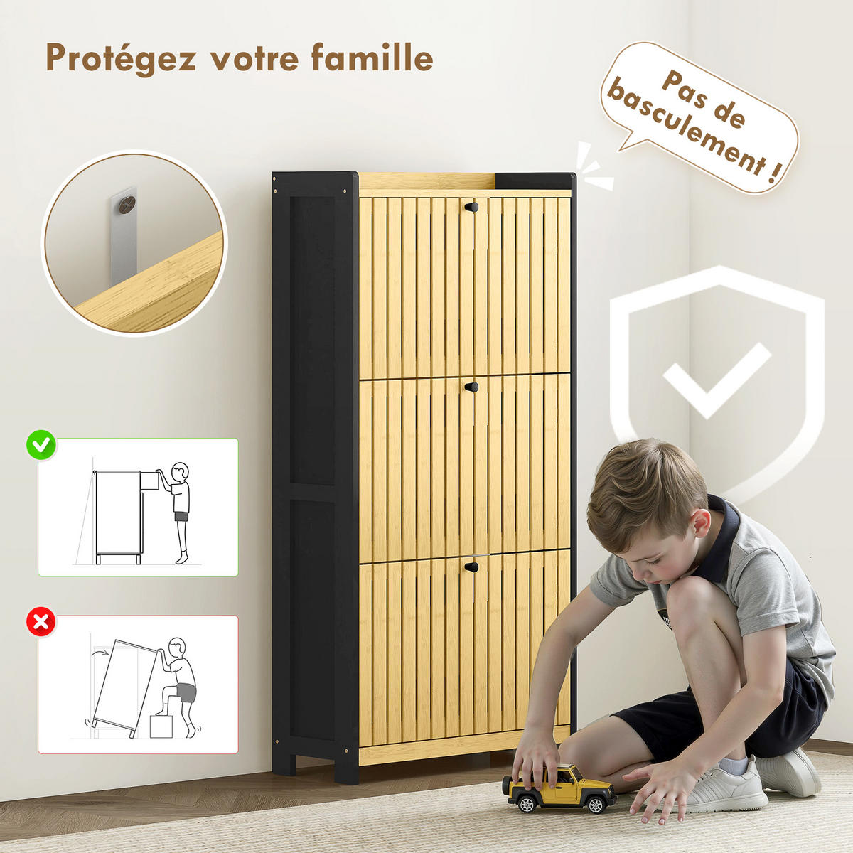 SCHUHSCHRANK Schwarz Natur MDF Bambus mit 3 Klappfächern 1 Stück - Multicolor, Holz (60/118/24cm) - PANGIVO