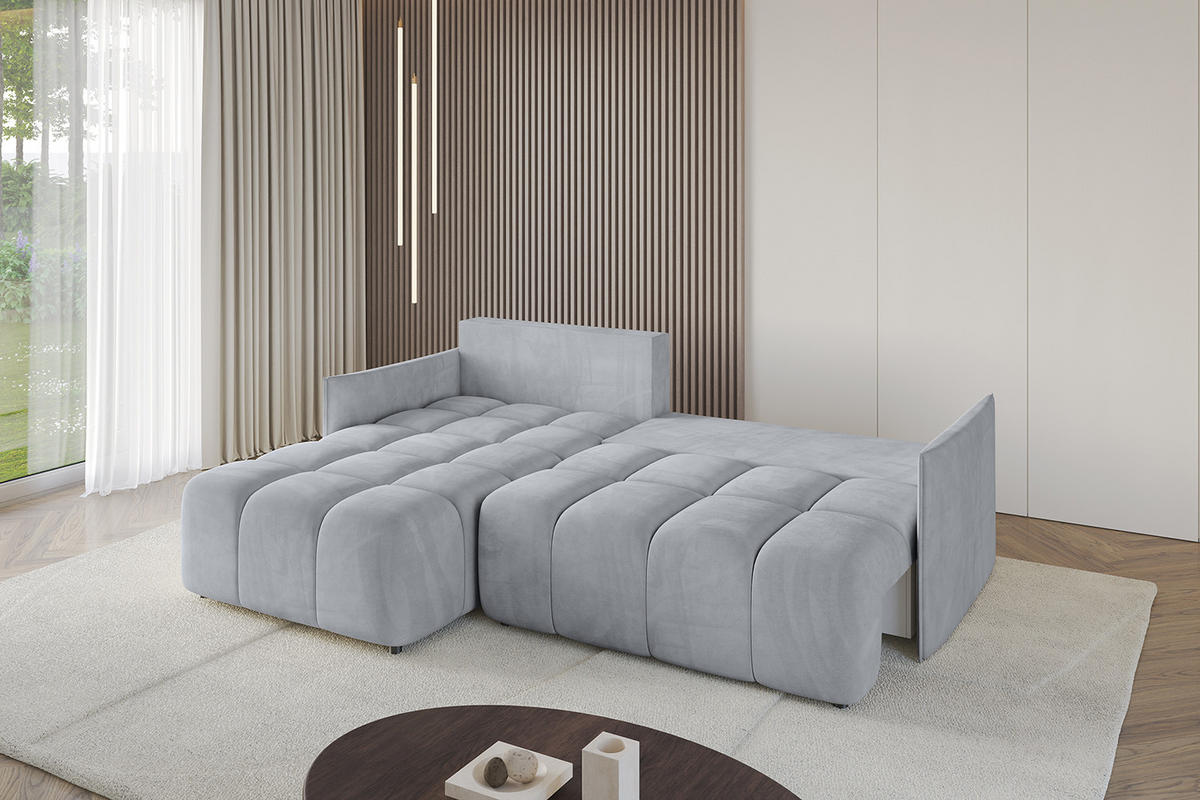 ECKSOFA mit Schlaffunktion und Bettkasten LONLI-L 242x175x88 Hellgrau Velours - Hellgrau, Holzwerkstoff/Kunststoff (242/175cm) - ALTDECOR