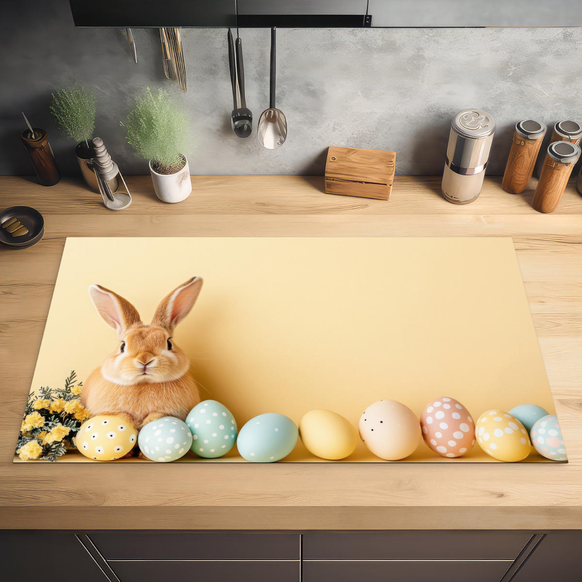 HERDABDECKPLATTE Eier - Kaninchen - Pastellfarbtöne Ceranfeldabdeckung 90x52 cm - Hellgelb, Kunststoff (90/52/0.2cm) - MuchoWow