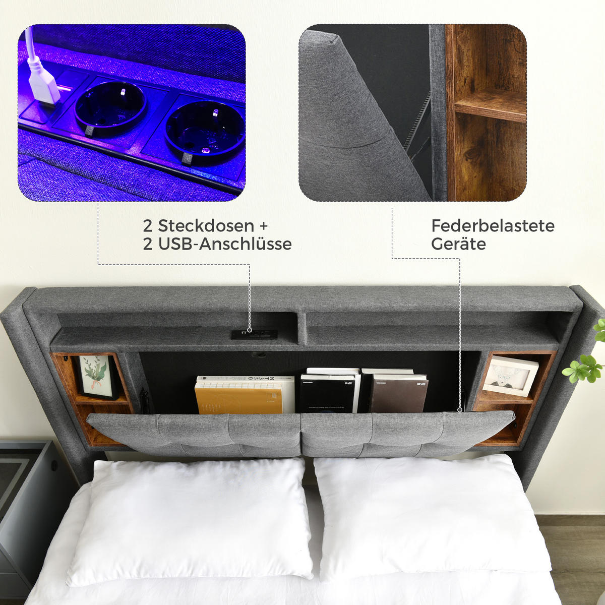 POLSTERBETT Doppelbett Stauraum-Kopfteil Bett mit aufladen USB und LED-Beleuchtung Bettgestell Lattenrost aus Holz, 140 x 200 cm Grau, ohne Matratze - Grau, Holz/Textil (140/200cm) - SONNENH