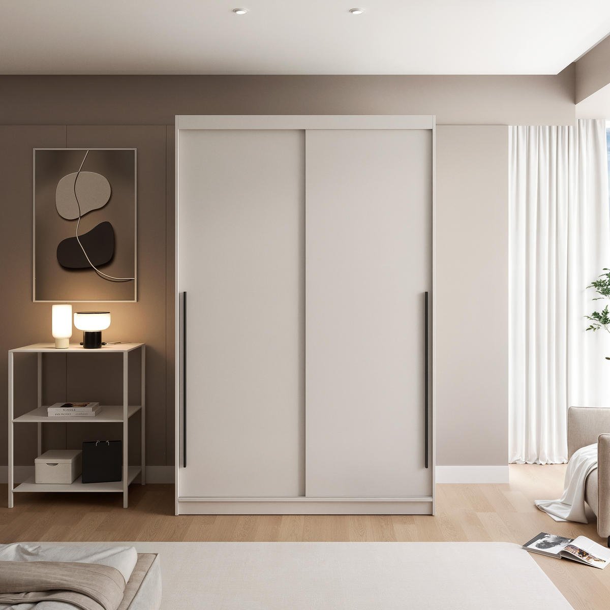SCHIEBETÜRENSCHRANK SILENTE 140 cm mit Einlegeböden und Kleiderstange - Beige, Holzwerkstoff (140/205/60cm) - Idohome