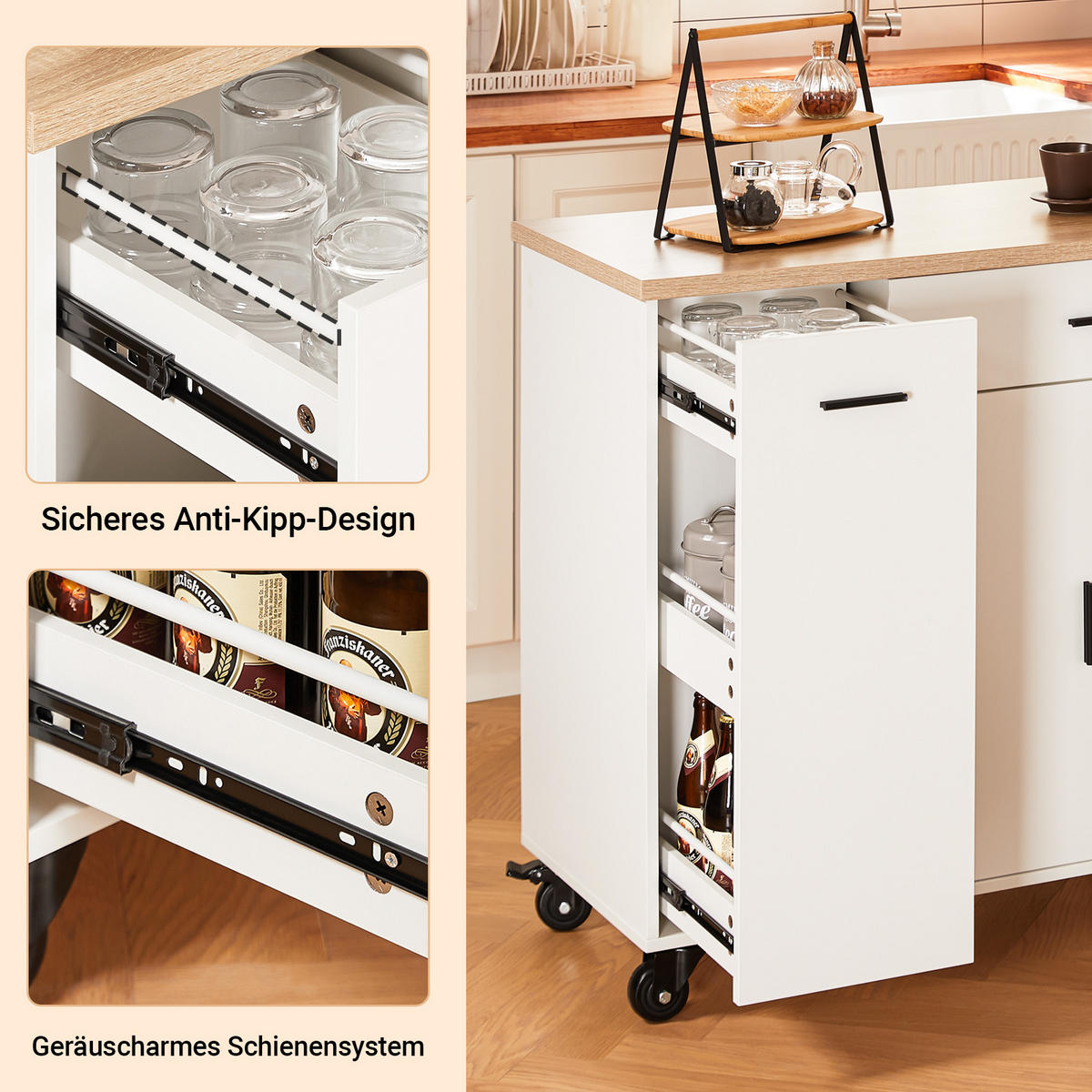 KÜCHENWAGEN auf Rollen, Kücheninsel, Weiß-Natur - Weiß/Naturfarben, Holzwerkstoff (105/92/46cm) - SoBuy