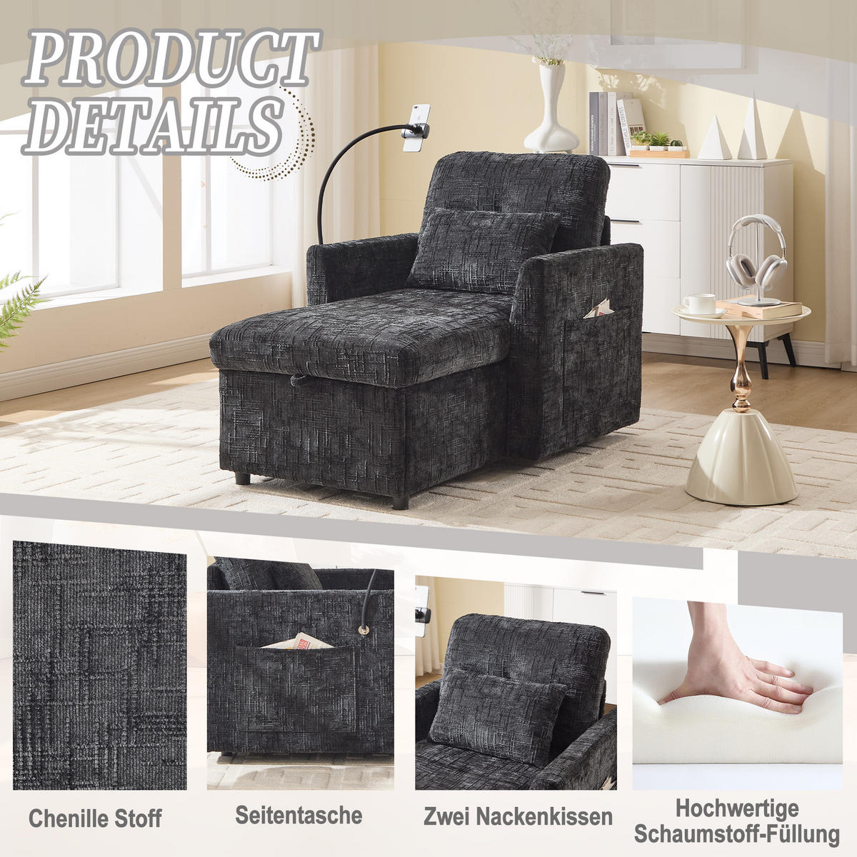 LOUNGESESSEL Chenille mit Handyständer und Stauraum 125/84,5/87 cm Schwarz - Schwarz, Textil (84.5/87/125cm) - Redom