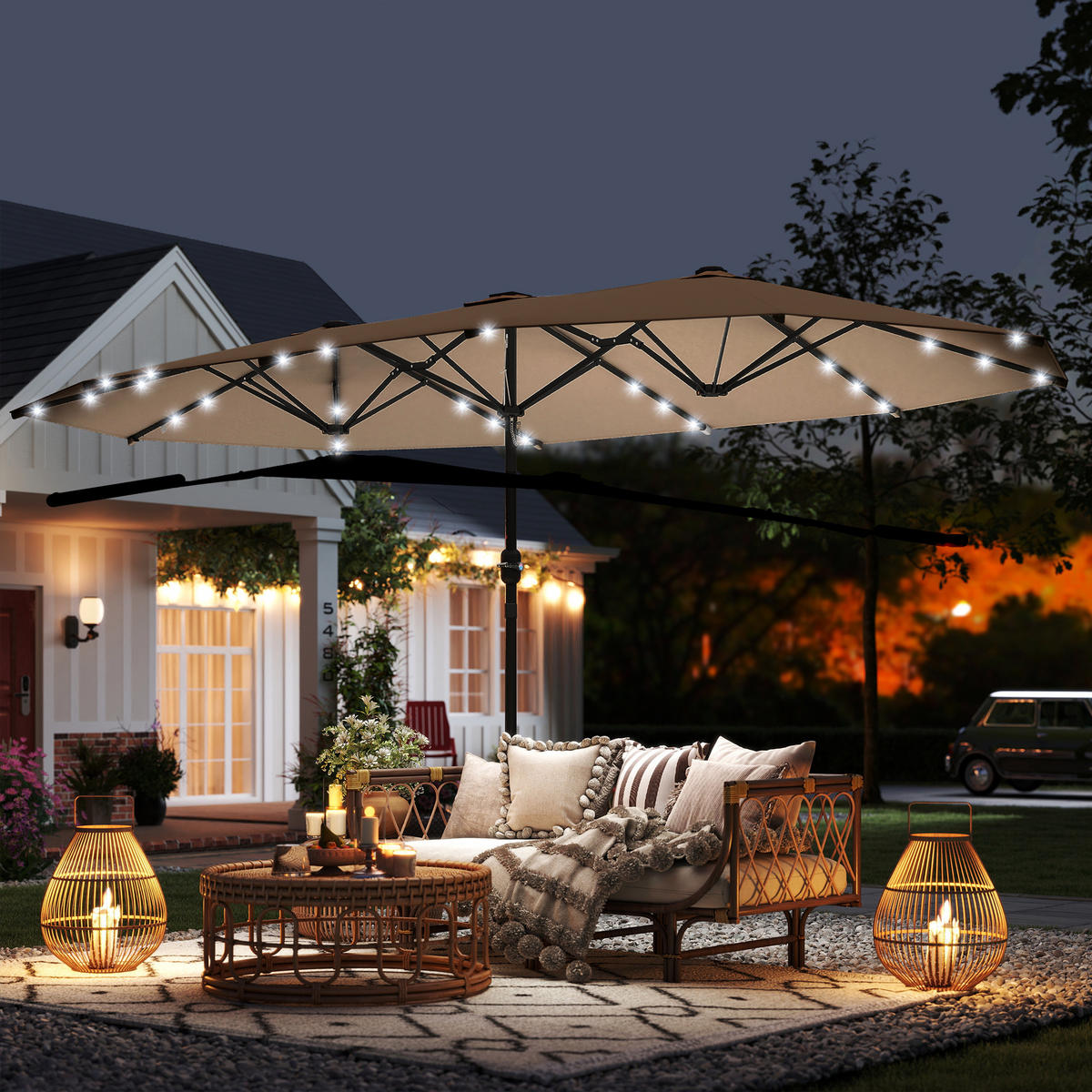SONNENSCHIRM mit LED Doppelsonnenschirm 443 x 260 cm Gartenschirm Oval Khaki - Braun, Kunststoff/Metall (443/260cm) - Outsunny