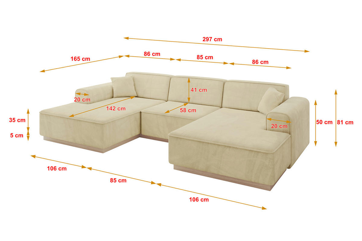 WOHNLANDSCHAFT IREA-U1 - 297x165x81 cm Beige - Ecru/Beige, Holzwerkstoff/Textil (297/81/165cm) - ALTDECOR