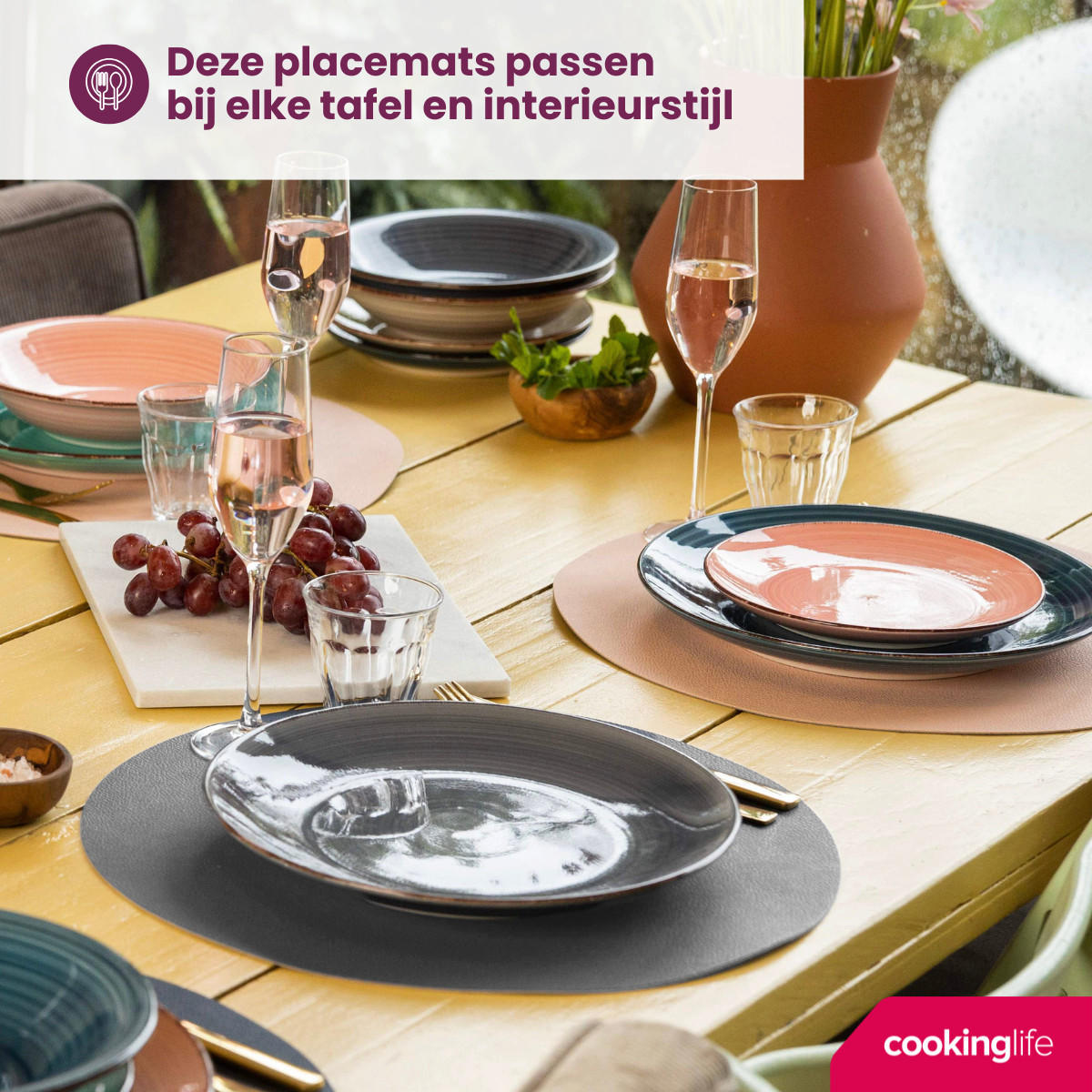 COOKINGLIFE Tischsets - Doppelseitig - Veganes Leder - Grau / Rosa ø 38 cm - 6 Stück - Pink, Kunststoff (38cm) - Cookinglife