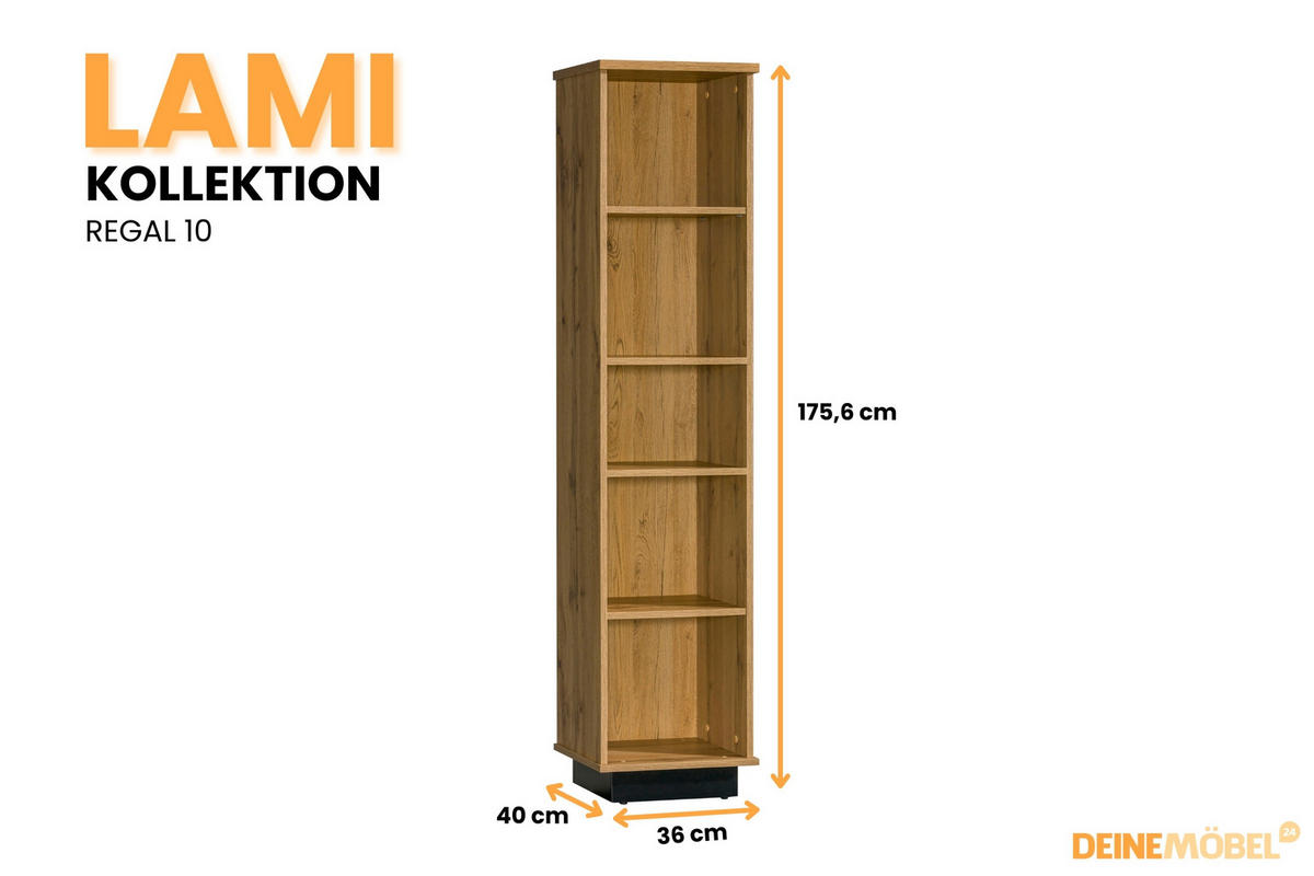 BÜCHERREGAL LAMI 10 40/176/36 cm in Wotan Eiche / Schwarz Matt - Eiche Wotan/Schwarz, Holzwerkstoff (40/176/36cm) - Deine Möbel 24