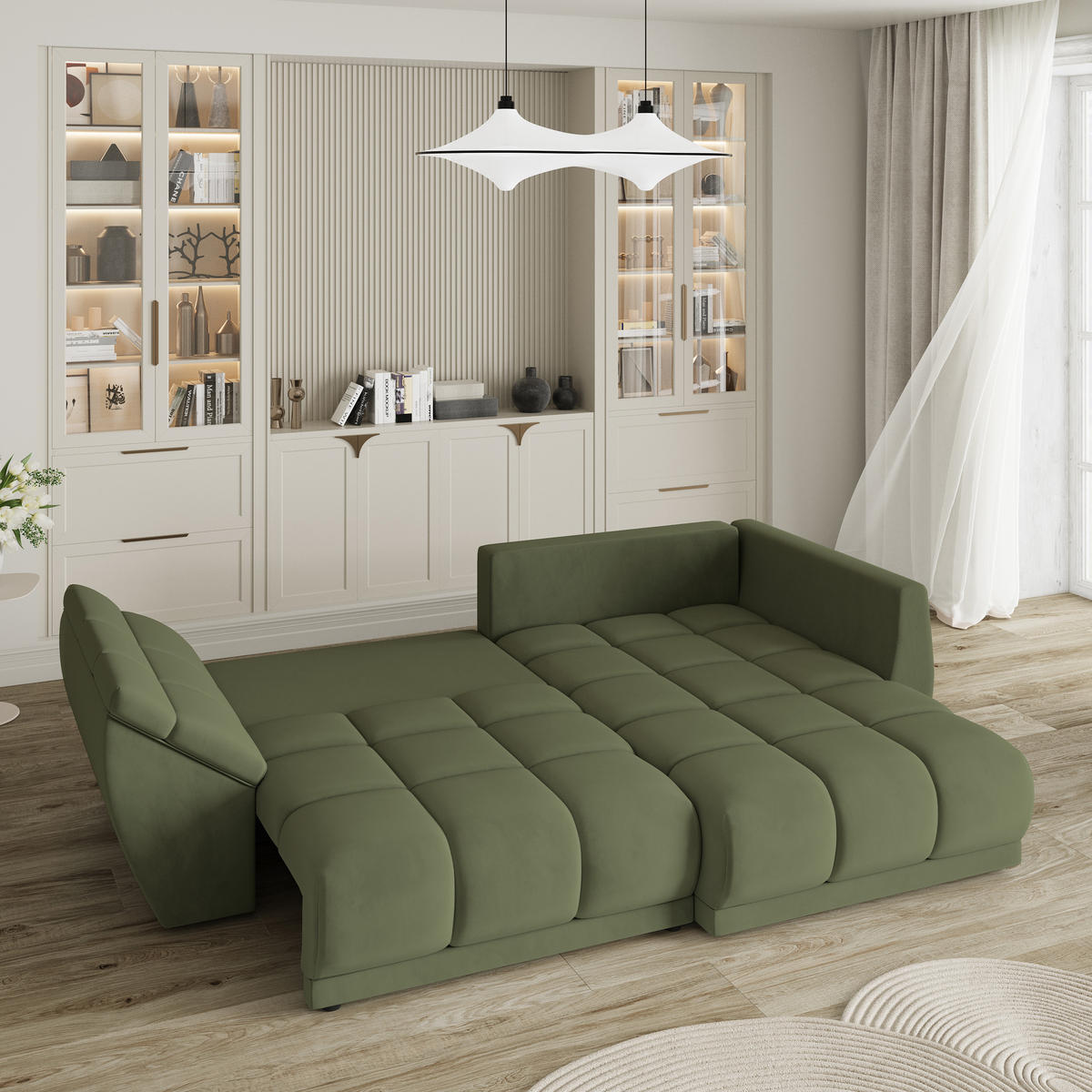 ECKSOFA ORENTI R-S Grün Velours-Stoff mit Schlaffunktion - Grün, Holz (287/182cm) - MASSENO