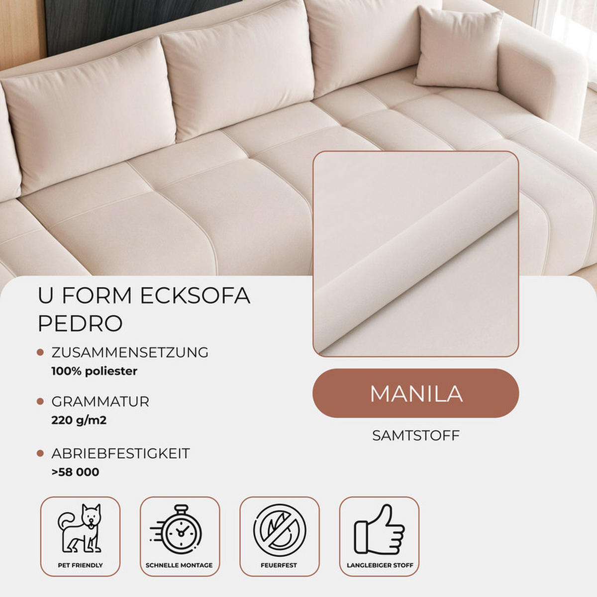 WOHNLANDSCHAFT U-Form Velours mit Bettkasten und Schlaffunktion - Creme, Holzwerkstoff/Kunststoff (318/79/145cm) - Idohome