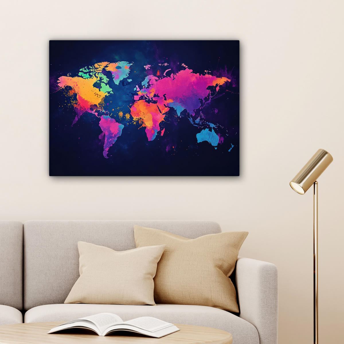 LEINWANDBILD Weltkarte - Bunt - Graffiti Wandbilder 80x60 cm - Multicolor, Textil (80/60cm) - MuchoWow