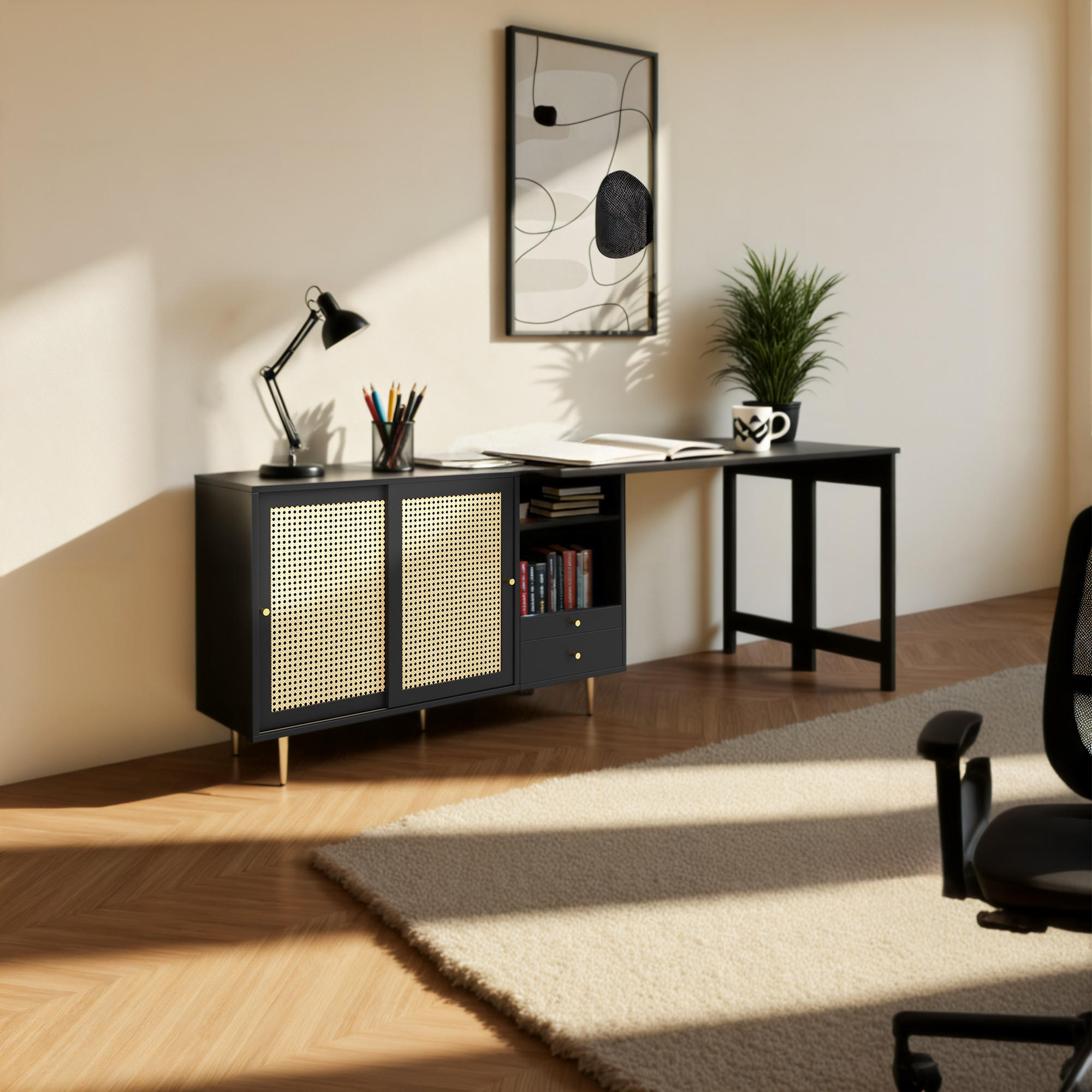 SCHREIBTISCHKOMBINATION mit Rattan-Türen, 187/40/76cm - Schwarz, Holzwerkstoff (187/40/76cm) - Urban Meuble
