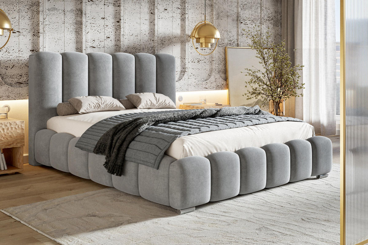 POLSTERBETT 160x200 Pearl, Samtstoff, Bettkasten, Lattenrost, Hellgrau - Hellgrau, Holz/Textil (160/200cm) - Emporius