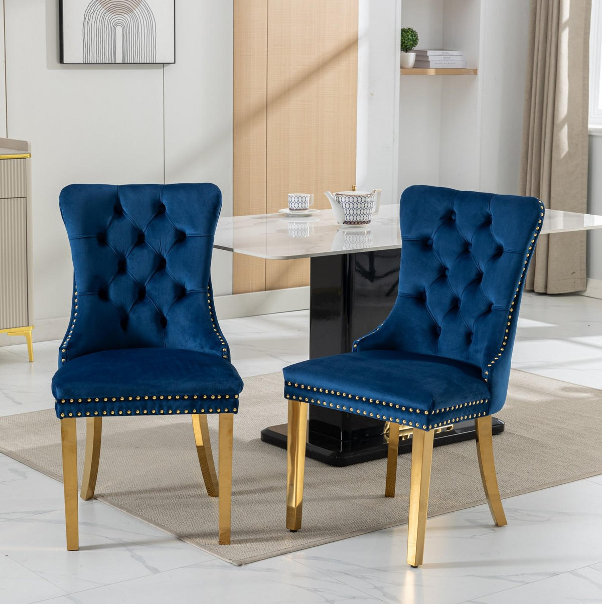 ESSZIMMERSTUHL mit hoher Rückenlehne Samt Blau 2er-Set - Blau, Metall (50/95/65cm) - Meubliv