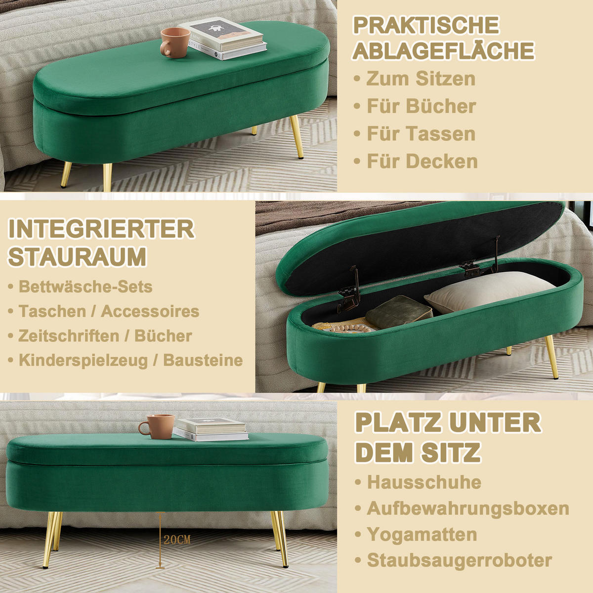AUFBEWAHRUNGSTRUHE velvet & gold 110 cm - Dunkelgrün, Textil (110/42/40cm) - Urban Meuble